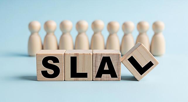 Wooden blocks spelling SLA in a bright studio setting representing Service Level Agreement with faceless wooden figures standing in the background conveying a sense of business commitment and teamwork photo