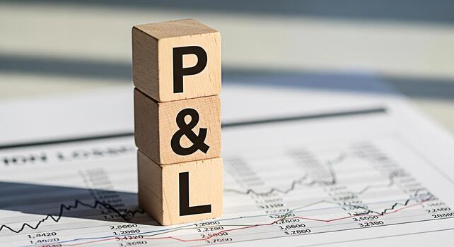 Wooden blocks displaying PL on a financial report with line graphs representing profit and loss analysis in a bright office setting symbolizing business performance and investment strategy photo