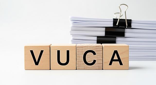 Wooden blocks spelling VUCA representing volatility uncertainty complexity and ambiguity in a business environment stacked with paperwork symbolizing challenges and strategic planning on a white backg photo