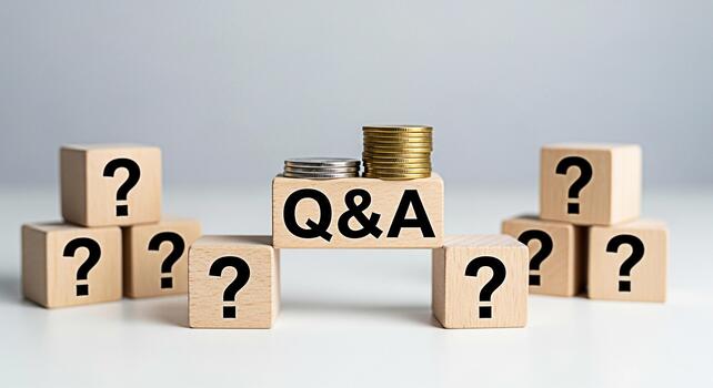 Wooden blocks displaying QA and question marks topped with stacks of coins symbolizing financial questions and answers in a bright clean studio setting creating a sense of clarity and financial litera photo