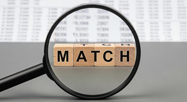 Magnifying glass focusing on wooden blocks spelling MATCH against a backdrop of financial data symbolizing data analysis investment matching and the importance of finding the right fit in business photo