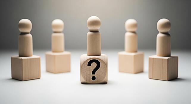 Wooden figures standing on a white surface one figure resting on a cube with a question mark representing uncertainty and decisionmaking in a minimalist and conceptual setting creating a thoughtful mo photo