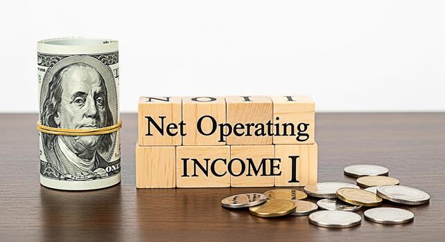 Rolled hundred dollar bill and scattered coins next to wooden blocks spelling Net Operating Income on a wooden table representing financial performance and investment analysis in a business setting photo