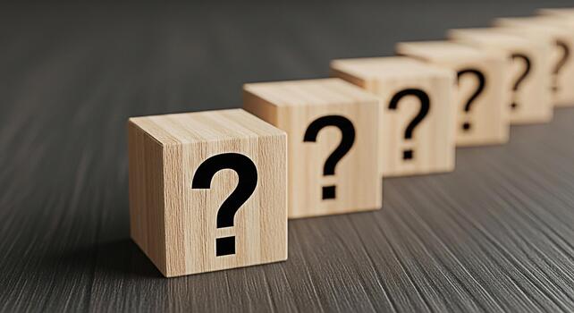 Wooden blocks displaying question marks in a row on a textured surface symbolizing uncertainty and the search for answers in a business or educational setting creating a mood of inquiry and exploratio photo