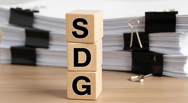 Wooden blocks displaying SDGs on a desk with stacked documents symbolizing sustainable development goals and corporate social responsibility in a business environment promoting a message of global sus photo