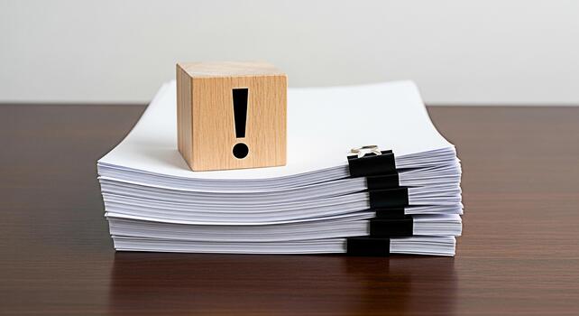 Urgent documents stacked on a wooden desk with a wooden block showing an exclamation mark symbolizing important tasks and deadlines in a busy office environment creating a sense of urgency and attenti photo