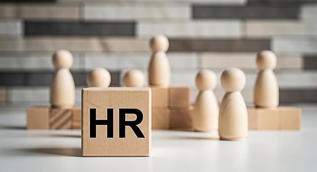 Wooden HR block displaying human resources concept with wooden figures on a tiered platform in a modern office setting symbolizing leadership teamwork and employee management with a focus on talent ac photo