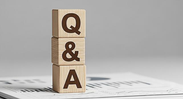 Wooden blocks displaying Q A on a white table with business graphs representing information knowledge and solutions in a corporate setting fostering a sense of clarity and understanding photo