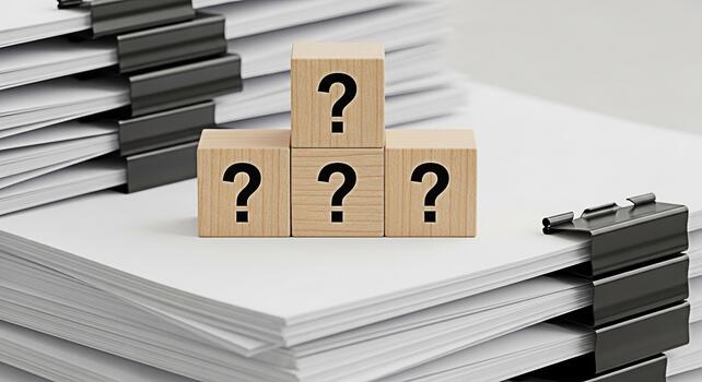 Wooden blocks displaying question marks resting atop stacks of white paper with binder clips symbolizing uncertainty and the need for answers in business and document management photo