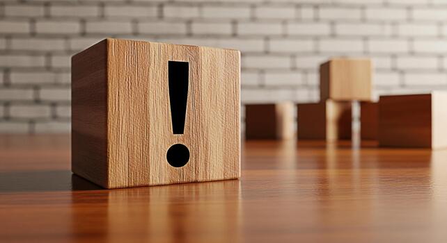 Wooden block displaying an exclamation mark on a glossy wooden surface symbolizing a critical alert or important information in a clean minimalist setting with a brick wall backdrop creating a sense o photo