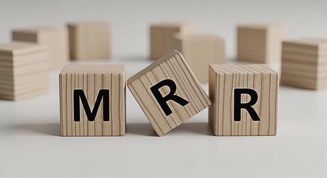 Wooden blocks displaying MRR on a white surface representing Monthly Recurring Revenue in a business setting symbolizing financial stability and growth with a clean and minimalist aesthetic photo