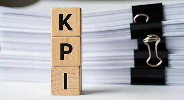 Wooden blocks displaying KPI stacked on a white desk in a bright office environment symbolizing key performance indicators business metrics and strategic goals for success and achievement photo