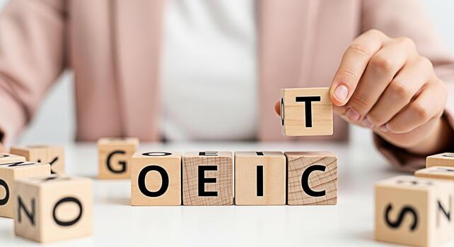 Womans hand arranging wooden blocks spelling GOETIC on a white table creating a mystical and intriguing atmosphere symbolizing ancient knowledge and occult practices inviting exploration and understan photo