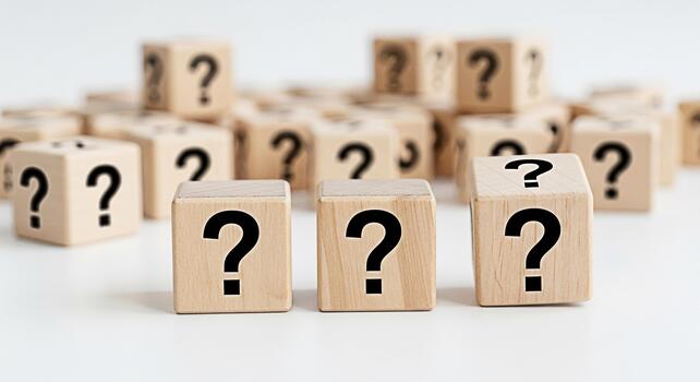 Wooden blocks displaying question marks on a white surface representing uncertainty and the search for answers in a clean minimalist setting evoking curiosity and the unknown photo