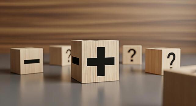 Wooden blocks displaying a plus sign minus sign and question marks symbolizing decisionmaking and problemsolving in a neutral contemplative setting representing choices and uncertainty photo