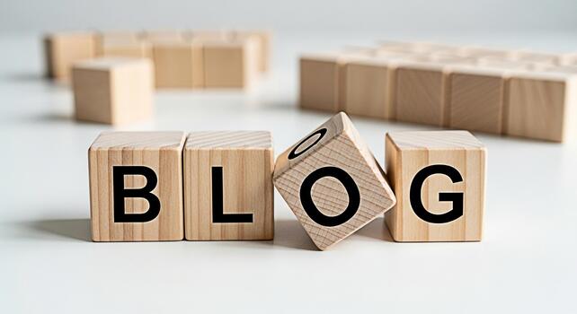 Wooden blocks spelling out BLOG on a white surface conveying a message about online content creation sharing ideas and building a community through blogging in a clean minimalist setting photo