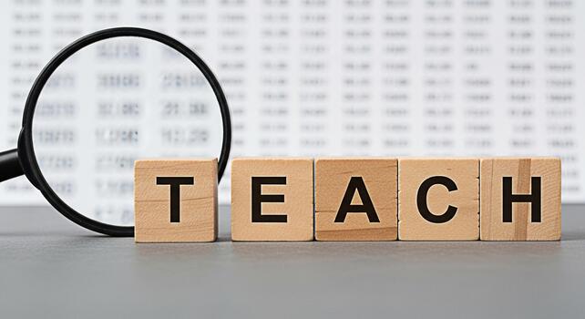 Magnifying glass inspecting wooden blocks spelling TEACH on a gray surface against a blurred data background symbolizing education learning and the importance of knowledge with a focus on detail photo