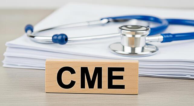 Wooden block displaying CME resting on a stack of medical documents with a blue stethoscope symbolizing Continuing Medical Education in a healthcare setting promoting professional development and know photo