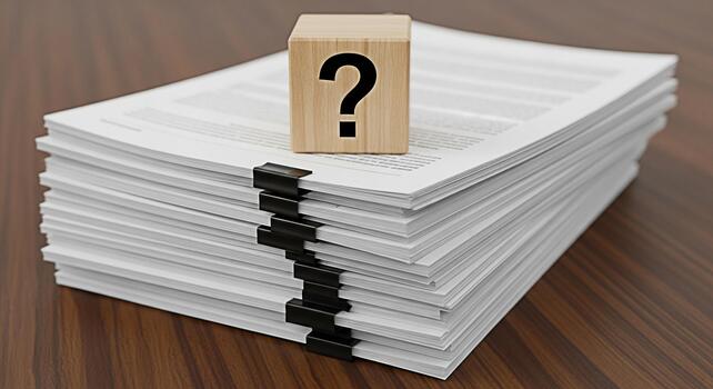 Stack of documents with black clips and a wooden cube with a question mark on a wooden table representing uncertainty confusion and the need for answers in business and legal contexts photo