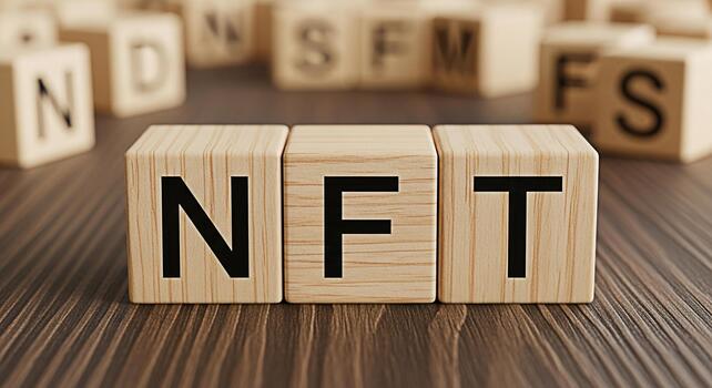 NFT concept displayed with wooden blocks on a wooden surface representing the digital asset ownership and blockchain technology in a closeup studio shot with a modern and clean aesthetic photo