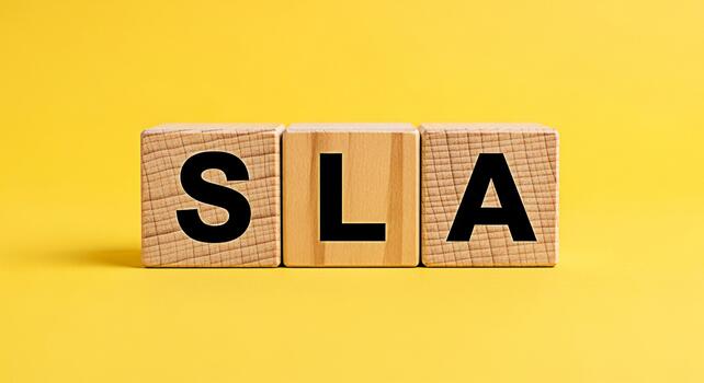 Wooden blocks displaying SLA on a bright yellow background representing Service Level Agreement a concept of business commitment and quality assurance in a professional and minimalist setting photo