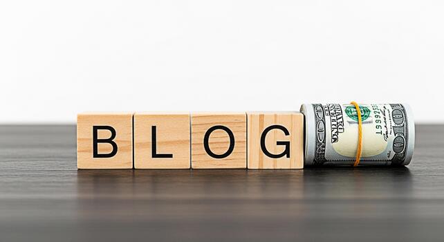 Wooden blocks spelling BLOG next to a roll of US dollar bills on a dark wooden surface symbolizing the potential for financial success and monetization through blogging in a business setting photo