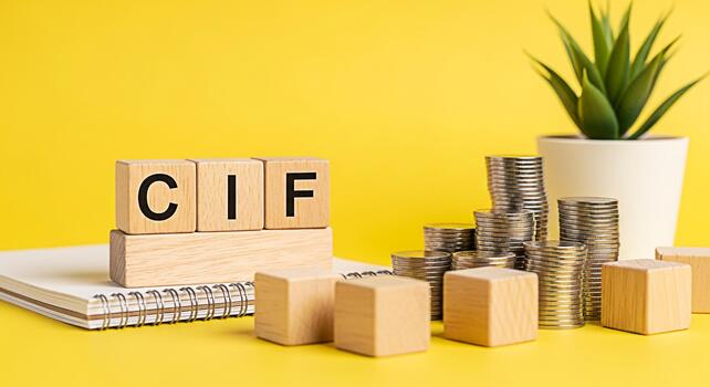 Wooden blocks spelling CIF resting on a notebook with stacks of coins and a potted plant against a bright yellow background symbolizing cost insurance and freight in a financial context photo