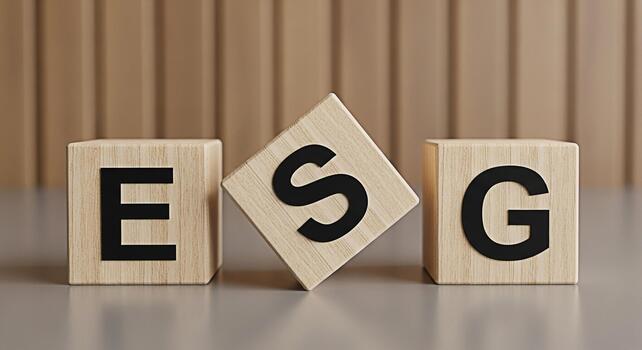 Wooden blocks displaying ESG letters on a table representing Environmental Social and Governance principles promoting sustainable and ethical business practices in a corporate setting conveying a mess photo