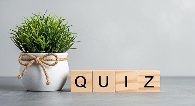 Wooden blocks spelling QUIZ displayed near a potted plant on a gray surface creating a simple and clean aesthetic ideal for educational content and online learning platforms conveying a sense of engag photo