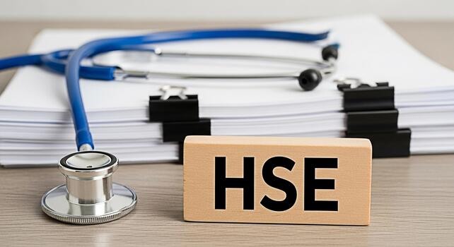 Wooden block displaying HSE next to a blue stethoscope and a stack of documents on a wooden desk representing health safety and environment compliance in a workplace setting emphasizing workplace safe photo