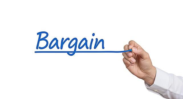 Hand underlining the word Bargain in blue on a white background emphasizing a great deal and creating a sense of urgency for sales discounts and cost savings in a business context photo