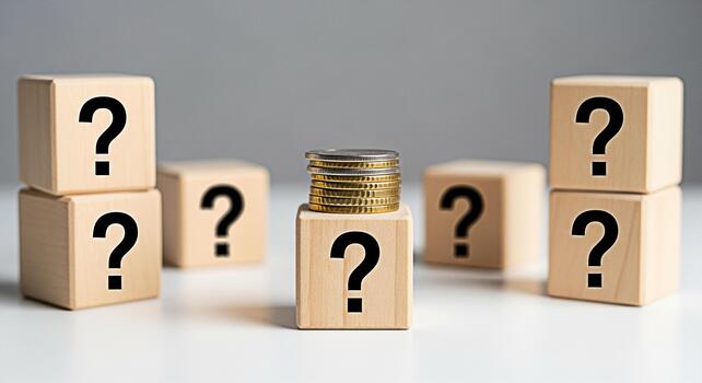 apilar de monedas metido en un de madera bloquear con pregunta marca símbolos rodeado por otro pregunta marca bloques en un blanco mesa simbolizando financiero incertidumbre y inversión decisiones foto