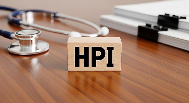 Wooden block displaying HPI resting on a polished wooden desk with a stethoscope and stack of documents symbolizing healthcare performance improvement and efficiency in a medical setting photo