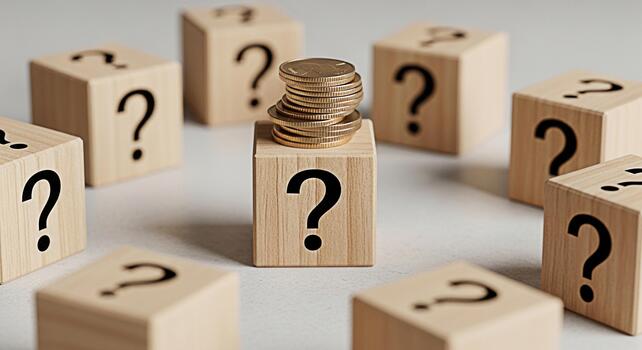 apilar de monedas descansando encima un de madera bloquear con un pregunta marca rodeado por otro pregunta marca bloques en un neutral superficie representando financiero incertidumbre y inversión decisiones foto