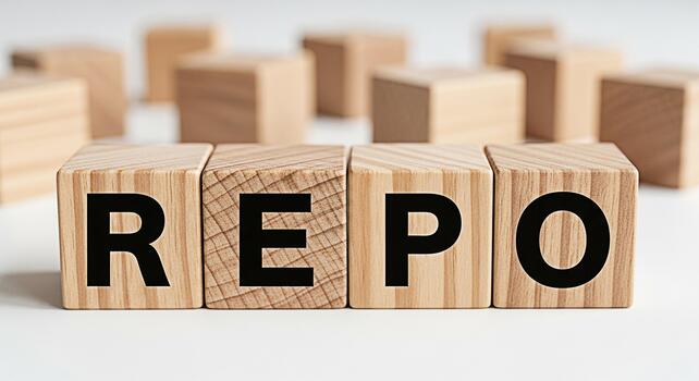 Wooden blocks spelling REPO in a bright studio setting symbolizing repurchase agreements and financial transactions conveying a sense of stability and security in the banking sector photo