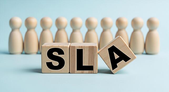 de madera cifras en pie detrás Sla bloques en un azul superficie representando Servicio nivel acuerdo compromiso a calidad y cliente satisfacción en un negocio ajuste transporte confiar y fiabilidad foto