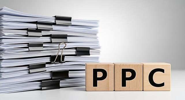 Stacked documents secured with binder clips next to wooden blocks spelling DOC in a bright office setting representing paperwork organization and the concept of document management photo