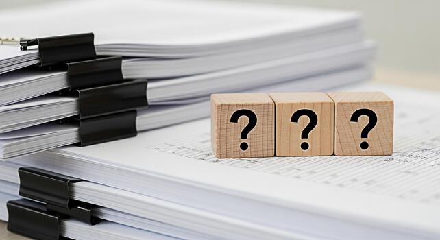Wooden blocks displaying question marks near a stack of paperwork on a desk representing uncertainty problemsolving and the need for answers in business and administrative tasks photo