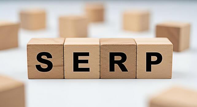 Wooden blocks spelling out SERP on a white surface representing search engine optimization and online marketing strategies for improved website visibility and higher rankings in search results conveyi photo