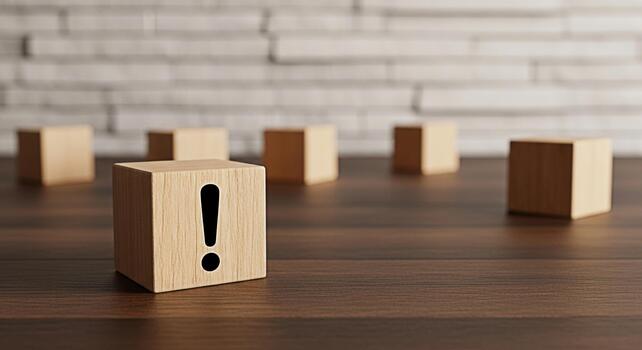 Wooden block displaying an exclamation mark stands out amongst other blocks on a dark wooden table creating a sense of urgency and importance against a blurred brick wall background photo