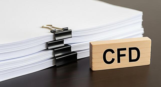 Closeup of a stack of documents secured with binder clips next to a wooden block displaying the acronym CFD on a dark surface representing contract for difference and financial concept photo
