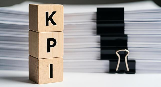 Wooden blocks spelling KPI stacked against a backdrop of organized paperwork and binder clips symbolizing key performance indicators and efficient business management in a clean professional setting photo