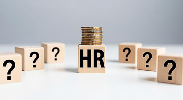 Wooden HR block with a stack of coins standing out among question mark blocks on a white surface symbolizing HR challenges financial decisions and strategic planning in a competitive environment photo