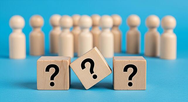 de madera cifras en pie detrás pregunta marca bloques en un azul superficie representando incertidumbre y el necesitar para respuestas en negocio decisiones y resolver problemas escenarios creando un sentido de misterio foto