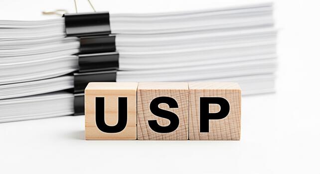 de madera bloques ortografía usp en un brillante estudio ajuste destacando único de venta proposición y negocio estrategia para competitivo ventaja enfatizando claridad y diferenciación con un apilar de hacer foto