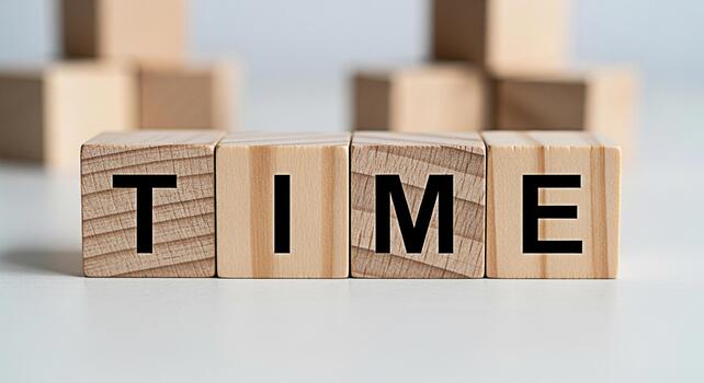 Wooden blocks spelling TIME on a white surface representing the concept of time management and urgency in a clean minimalist setting conveying a sense of importance and the need for efficiency photo