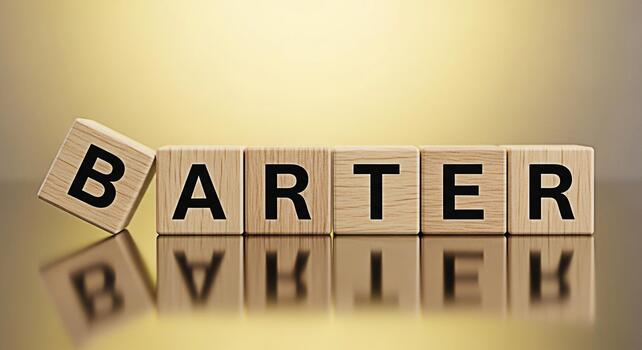 Wooden blocks spelling BARTER on a reflective surface symbolizing trade and exchange in a business environment conveying a concept of alternative economic systems and collaborative commerce photo