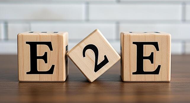 Wooden blocks spelling E2E showcasing endtoend process on a wooden surface against a brick wall background symbolizing seamless integration and comprehensive solutions in business and technology photo