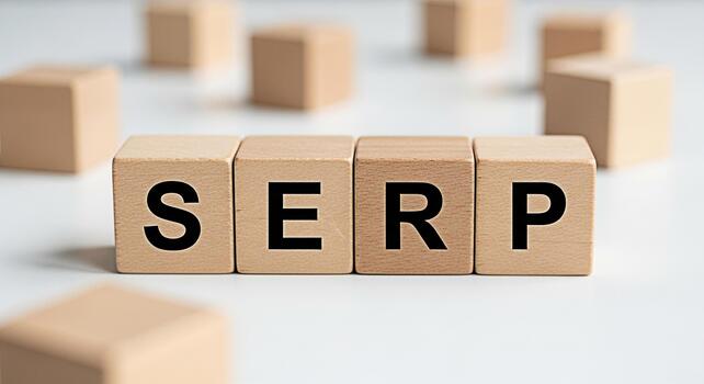 Wooden blocks spelling SERP on a white surface representing search engine optimization strategies and the importance of online visibility for business success in a competitive digital environment photo