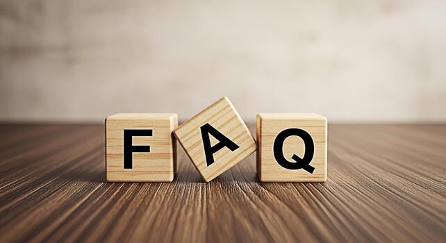 FAQ wooden blocks displaying information on a wooden surface representing frequently asked questions and knowledge base in a simple and accessible way promoting clarity and understanding photo